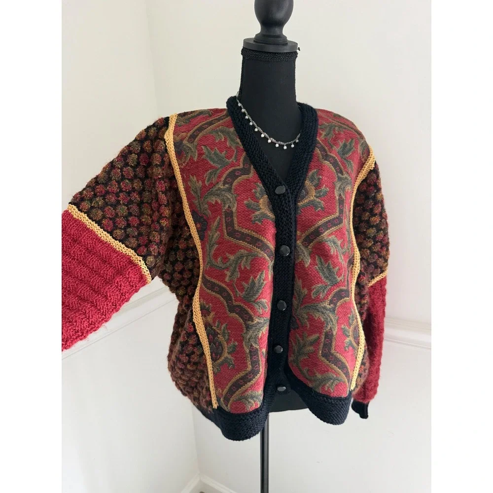 Vintage Tapestry wool Cardigan‎ Boho Art-to-Wear popcorn Knit Jacket eclectic L